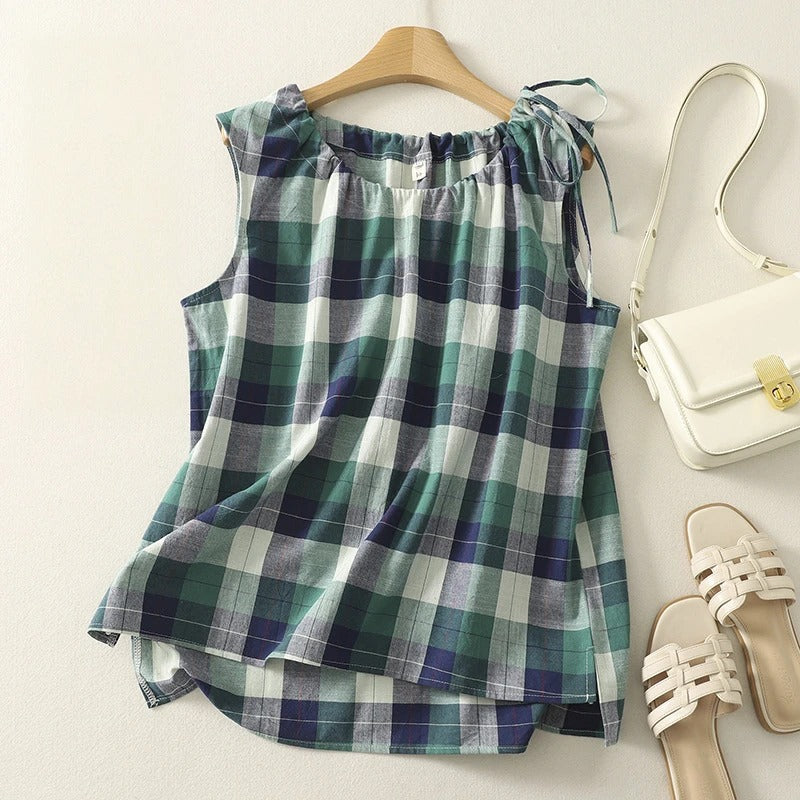 Sleeveless Linen Top with Adjustable Neckline and Curved Hem