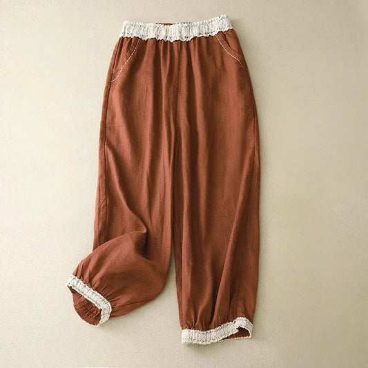 Elara Vintage Lace Linen Trousers — Lightweight Balloon Fit Pants for Comfort