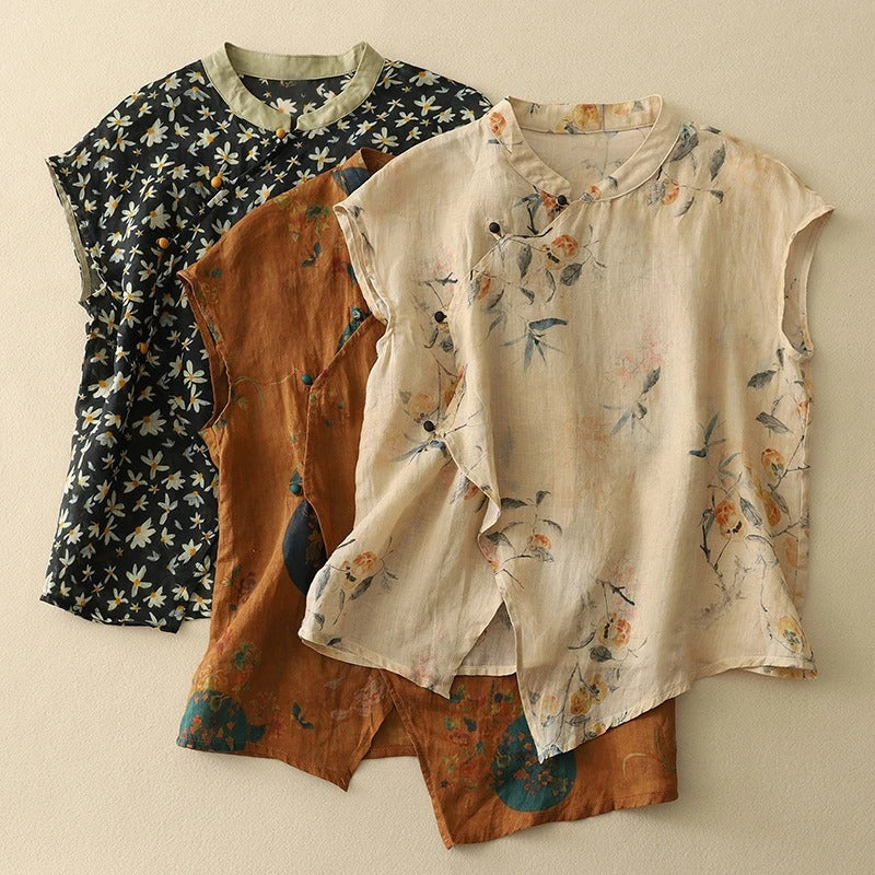 Sleeveless Linen Blouse with Mandarin Collar and Floral Print