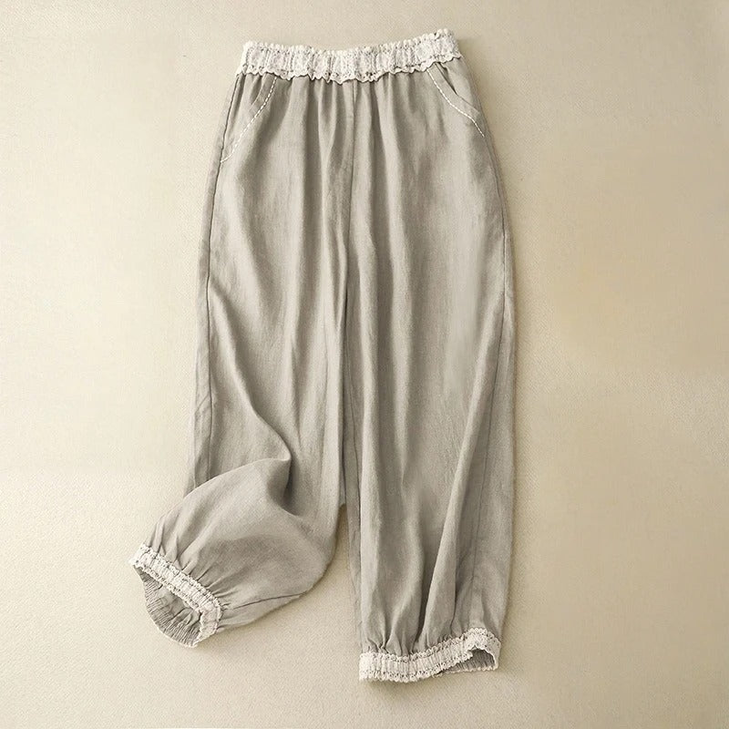 Taleno Linen Pants — Lightweight Balloon Trousers with Vintage Lace Trim