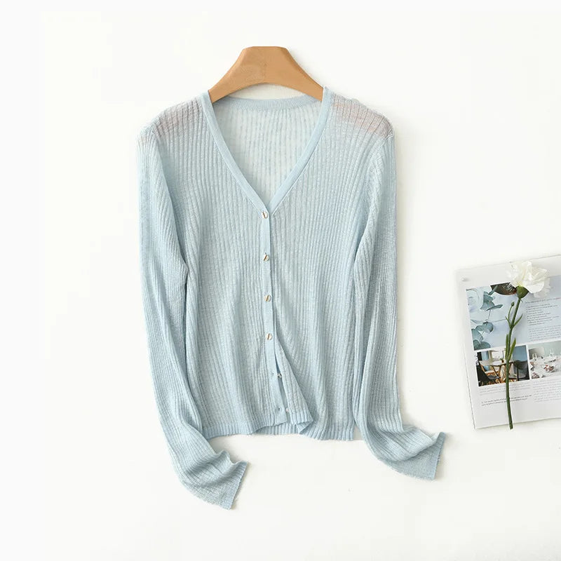 Lightweight Wool Cardigan with Soft Ribbed Texture and Tailored V-Neck