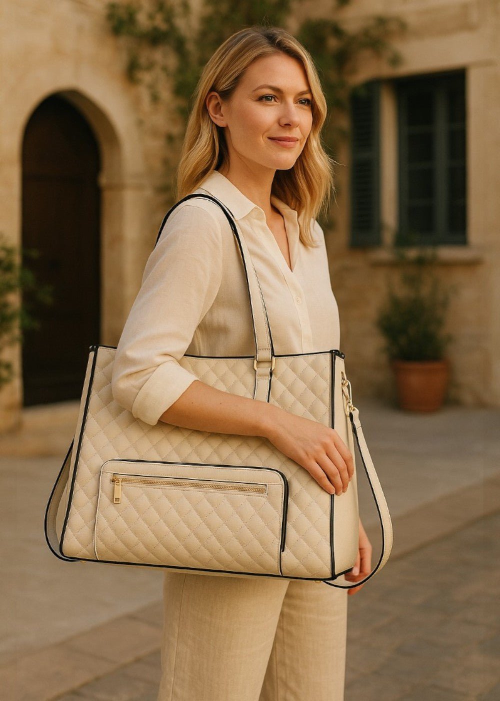 3 - in - 1 Quilted Shoulder Bag (Beige ) - Torba | Zavonix