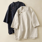 Women's Pure Linen Blouse with Side-Tied Buttons and Mandarin Collar