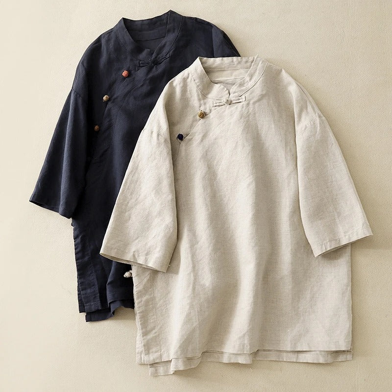 Women's Pure Linen Blouse with Side-Tied Buttons and Mandarin Collar