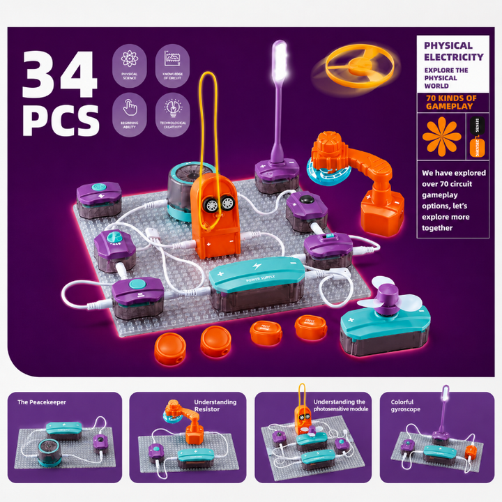 34-piece electronics kit with rope-launcher, sound, light, and switch modules
