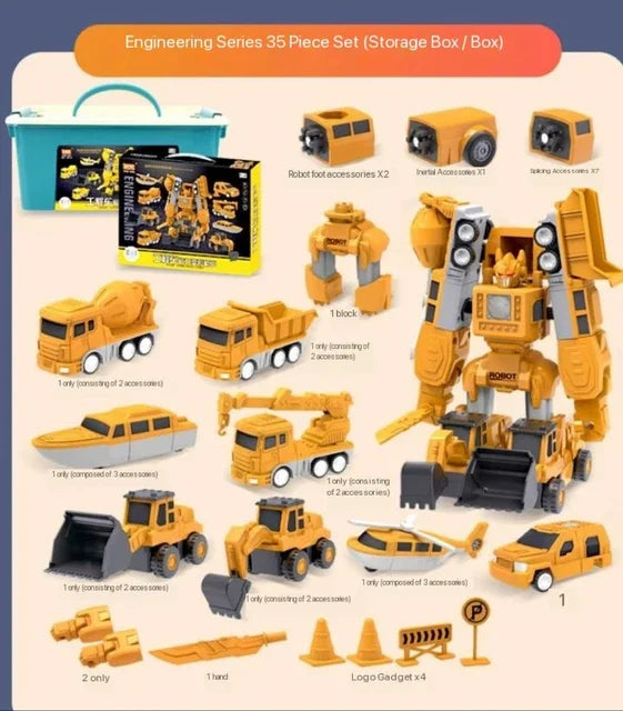 35-piece magnetic vehicle set showing a robot build, construction vehicles, accessories and storage box.