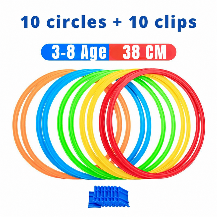 38 cm hoop set labeled for ages 3–8, with 10 colorful hoops and 10 blue clips