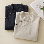 Women's Pure Linen Blouse with Side-Tied Buttons and Mandarin Collar