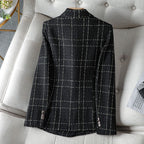 Women's Structured Cotton Blazer with Elegant Plaid Weave