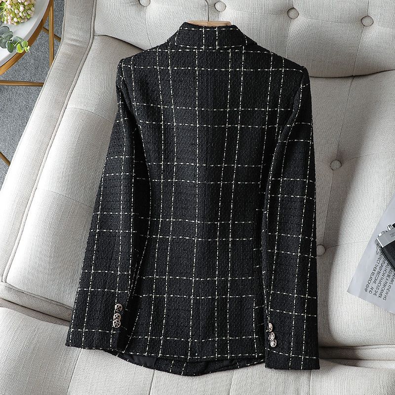 Women's Structured Cotton Blazer with Elegant Plaid Weave