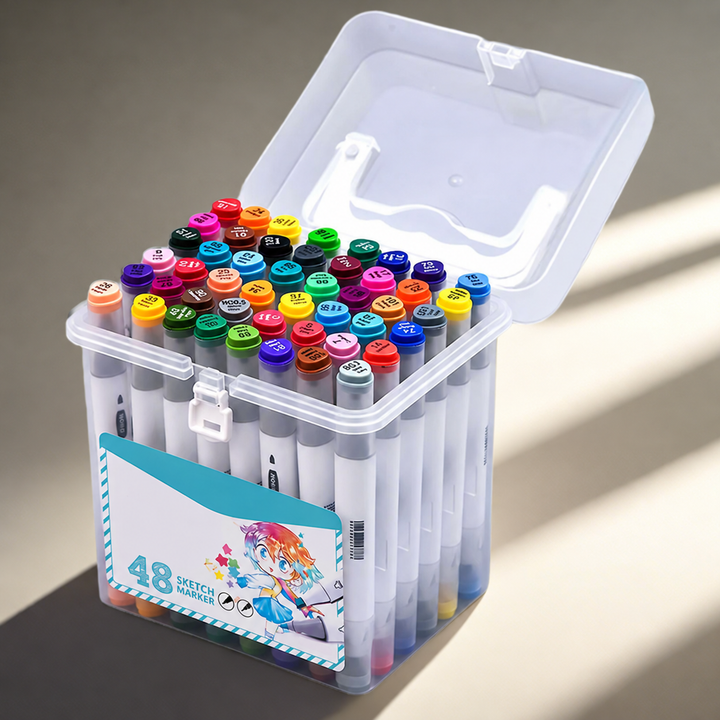 48-color marker set with color-coded caps in an open carrying case