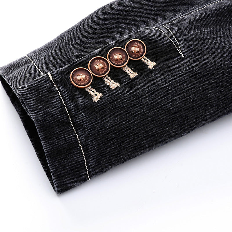 Elwin — Tailored Dark-Wash Denim Jacket with Wooden Buttons