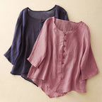 Linen Blouse with Soft Pleats and Fabric-Covered Buttons