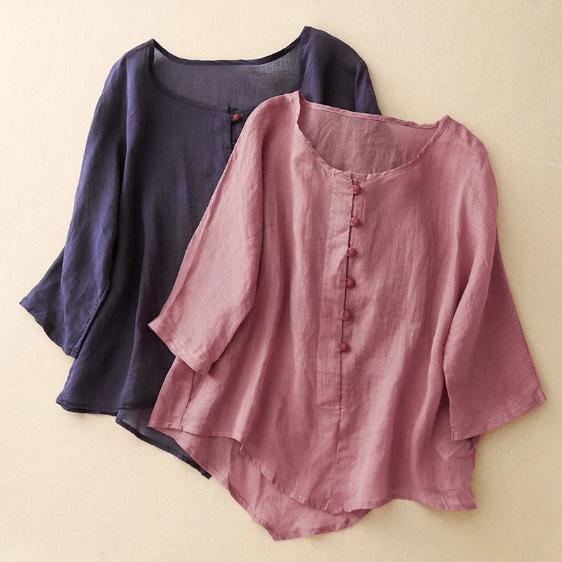 Linen Blouse with Soft Pleats and Fabric-Covered Buttons