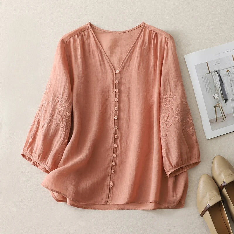Women's Linen Blouse with Breathable Fabric and Embroidered Sleeves