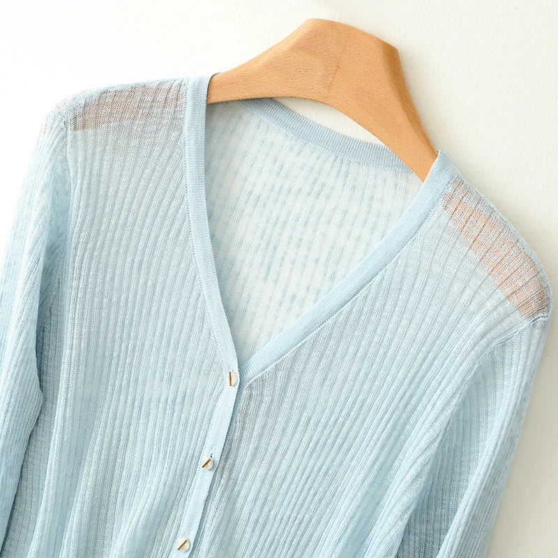 Lightweight Wool Cardigan with Soft Ribbed Texture and Tailored V-Neck