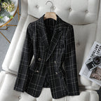 Women's Structured Cotton Blazer with Elegant Plaid Weave