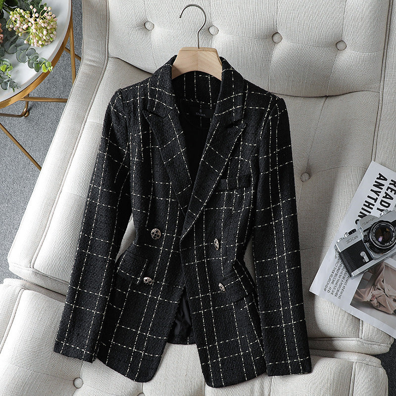 Women's Structured Cotton Blazer with Elegant Plaid Weave