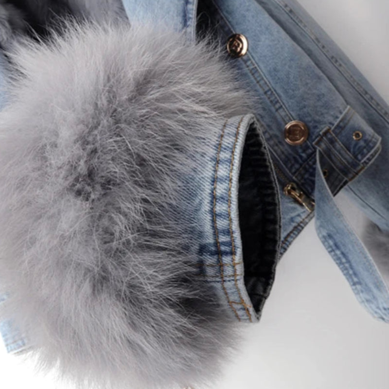 Selvedge Denim Jacket with Plush Fox Fur Cuffs and Lining