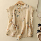 Sleeveless Linen Blouse with Mandarin Collar and Floral Print