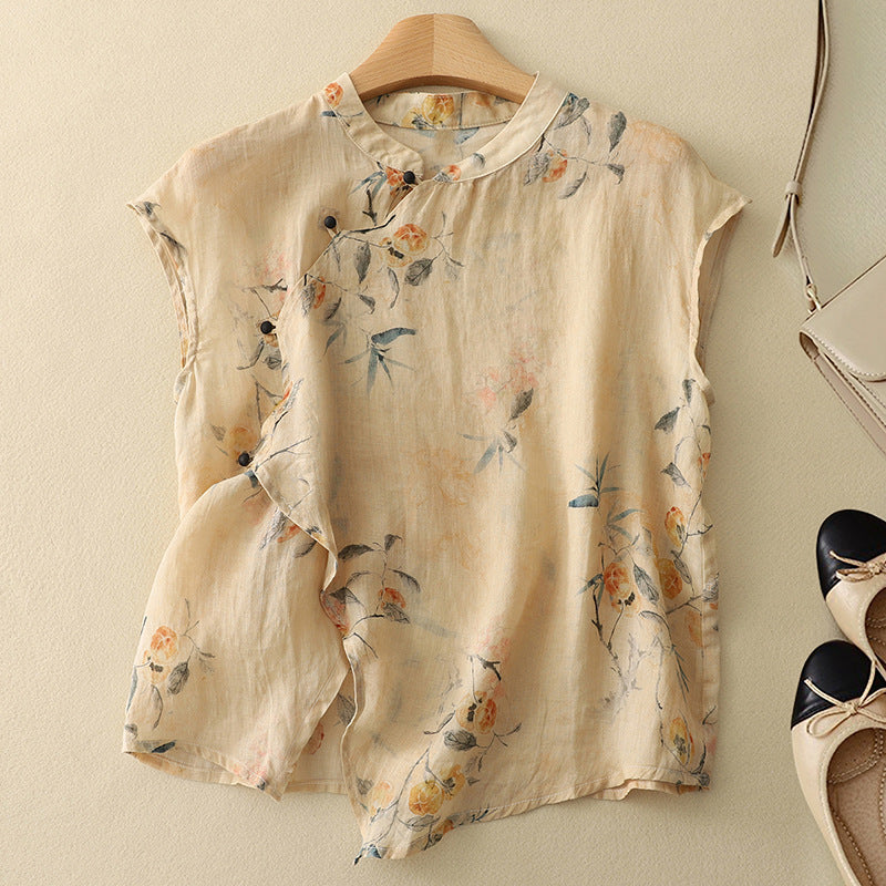 Sleeveless Linen Blouse with Mandarin Collar and Floral Print