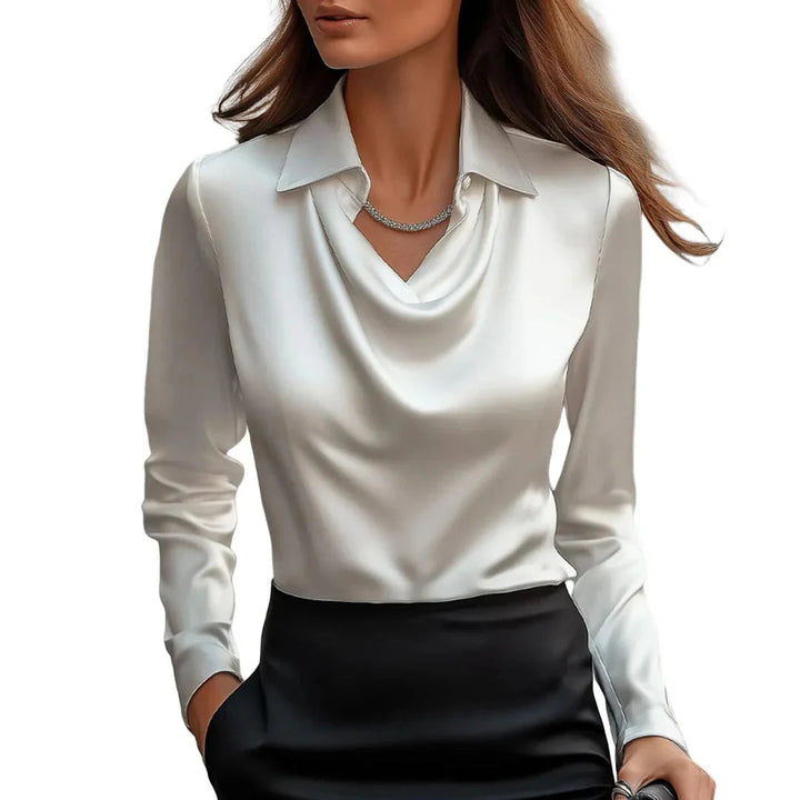 Women’s Blouse | Draped Neckline | Elegant Long Sleeve Design