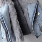 Selvedge Denim Jacket with Plush Fox Fur Cuffs and Lining