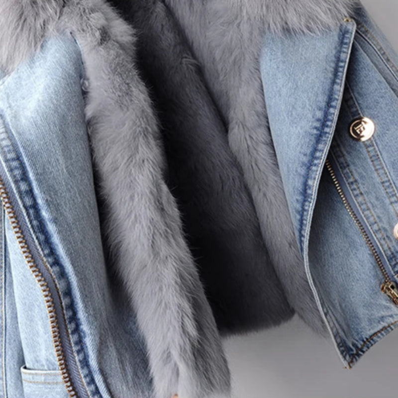 Selvedge Denim Jacket with Plush Fox Fur Cuffs and Lining