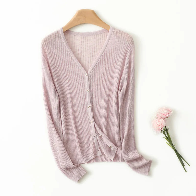 Lightweight Wool Cardigan with Soft Ribbed Texture and Tailored V-Neck