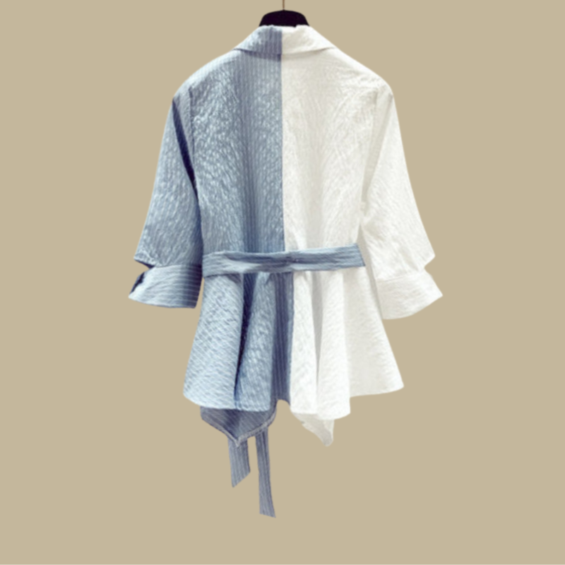 Two-Tone Belted Shirt with Tailored Fit and Stylish Contrast Panels