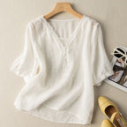 Lightweight Linen Blouse with Scalloped Embroidery and Button Detail