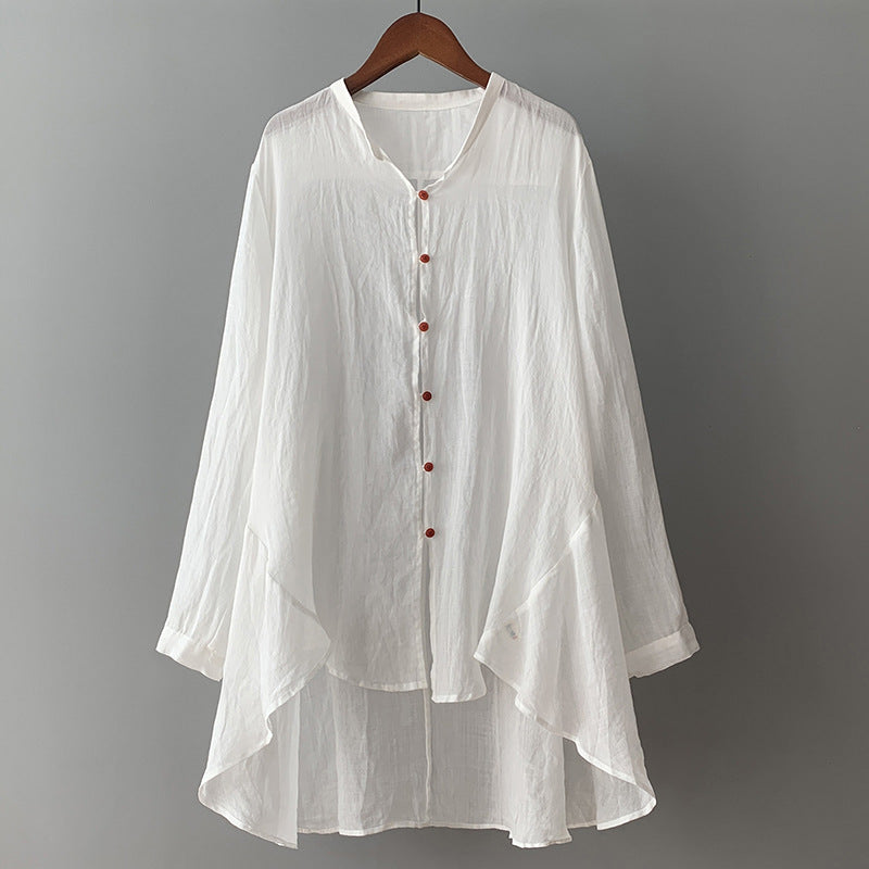 Breathable Linen Cardigan with Flowing Hem and Contrast Buttons for Autumn