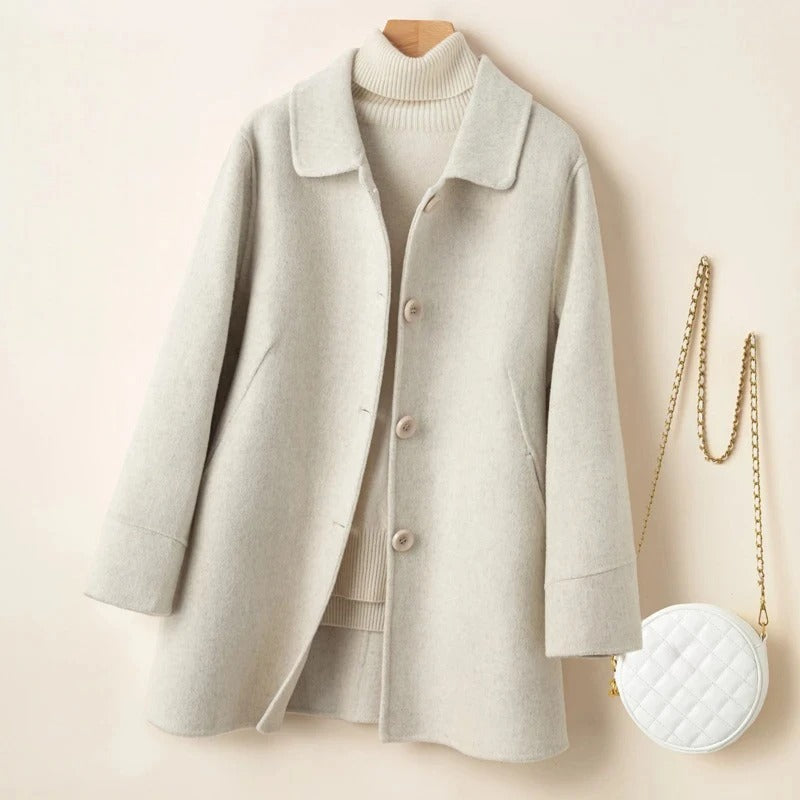 Mid-Length Wool Coat with Rounded Collar and Button Closure