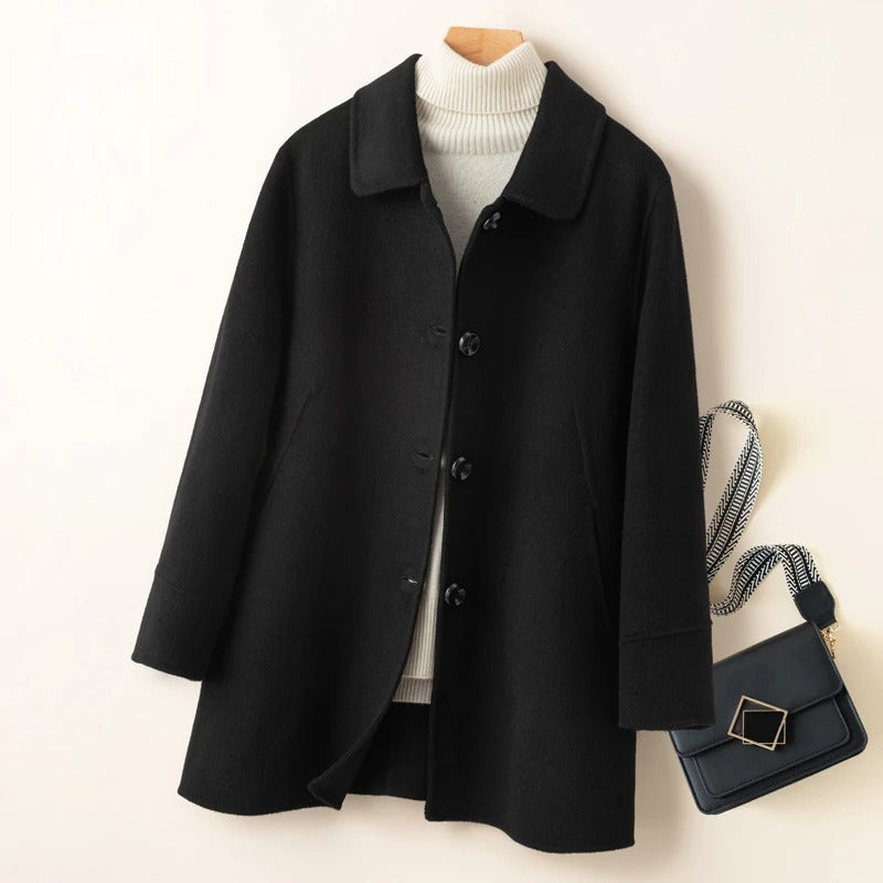Mid-Length Wool Coat with Rounded Collar and Button Closure