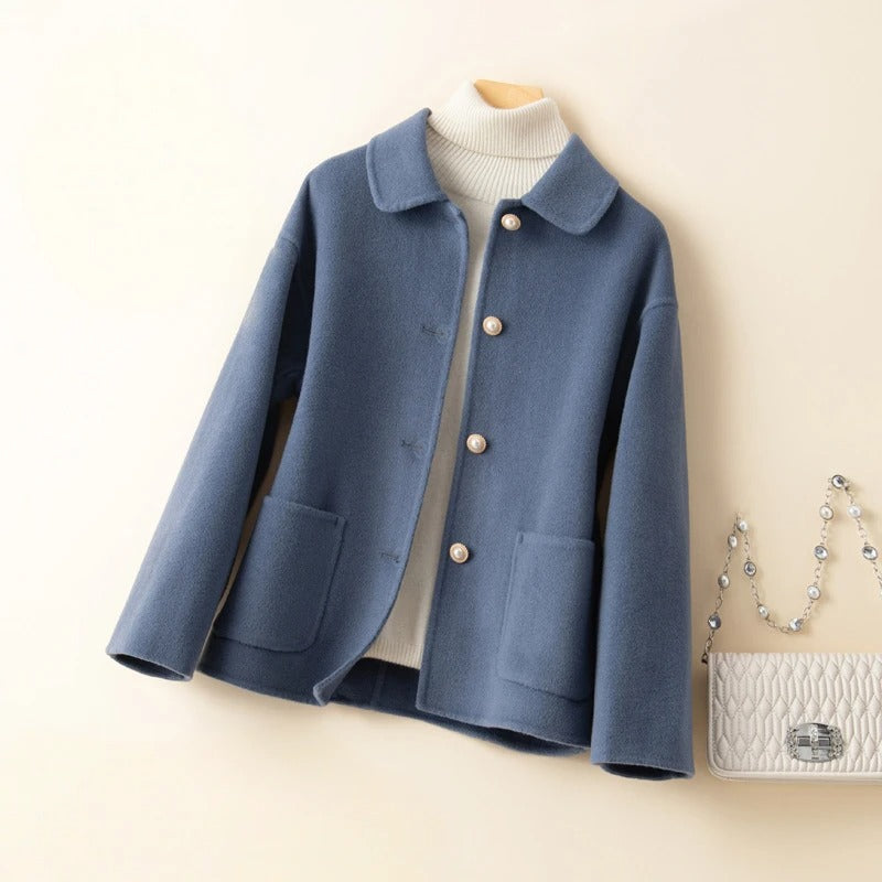 Short Cashmere Coat with Doll Collar and Front Pockets, Soft & Warm