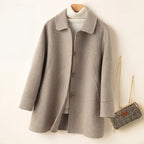 Mid-Length Wool Coat with Rounded Collar and Button Closure