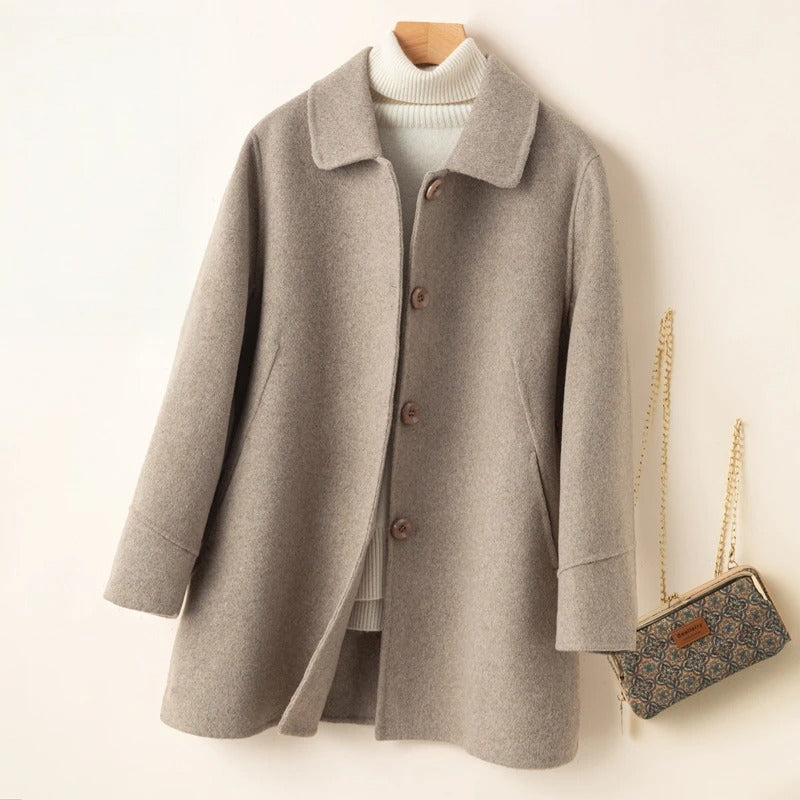 Mid-Length Wool Coat with Rounded Collar and Button Closure