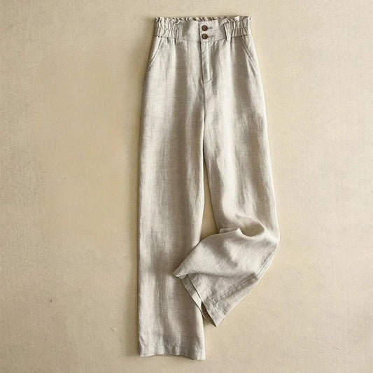 Arlenna Linen Trousers — High-Waist Wide-Leg Linen Pants with Ruffled Waistband