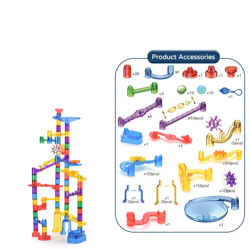 84-piece marble run layout alongside its included track parts, marbles, and UV light