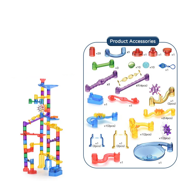 84-piece marble run layout alongside its included track parts, marbles, and UV light