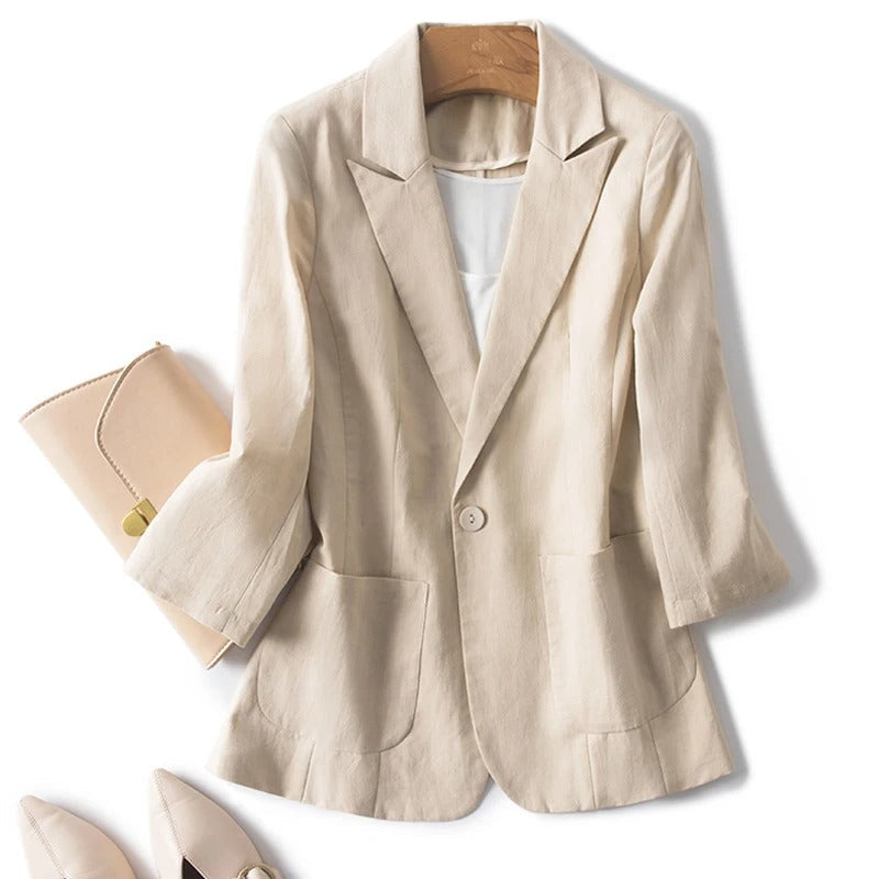 Relaxed Fit Linen Blazer with Single-Button Closure for Breathable Comfort