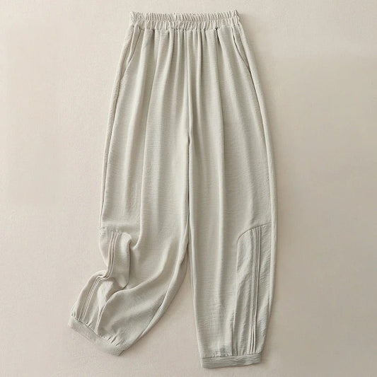 Calverly — Soft Linen Pants with Gathered Waist and Tapered Cuffs