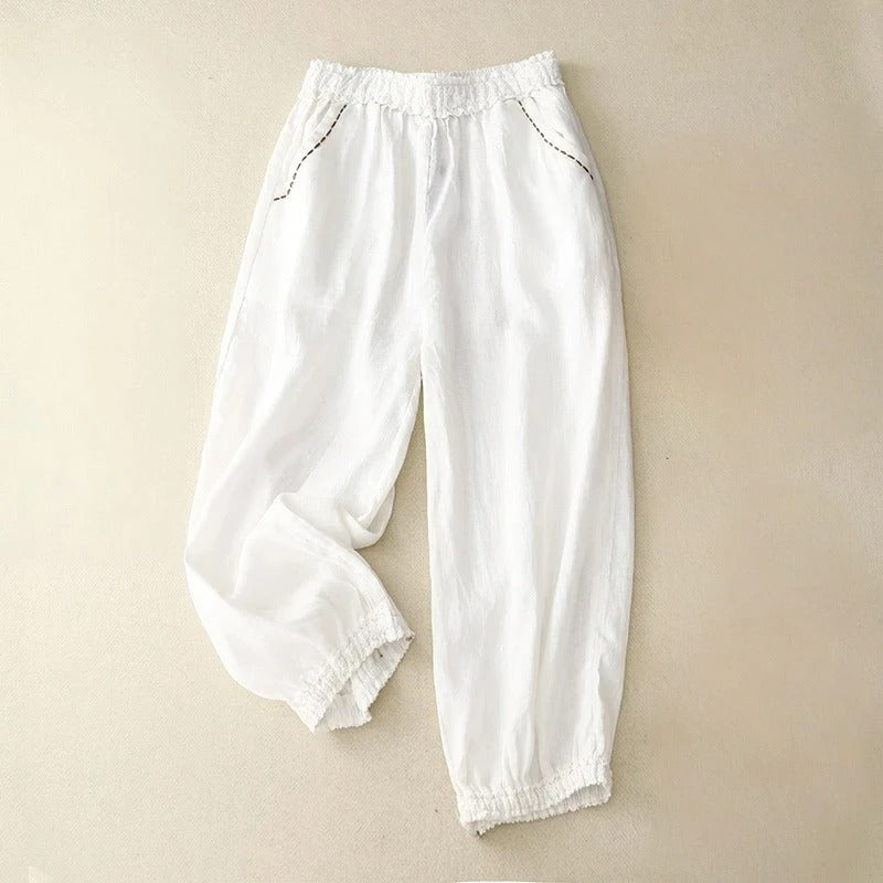 Taleno Linen Pants — Lightweight Balloon Trousers with Vintage Lace Trim