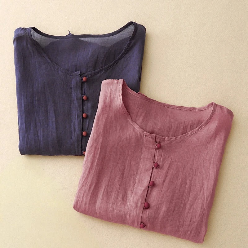 Linen Blouse with Soft Pleats and Fabric-Covered Buttons