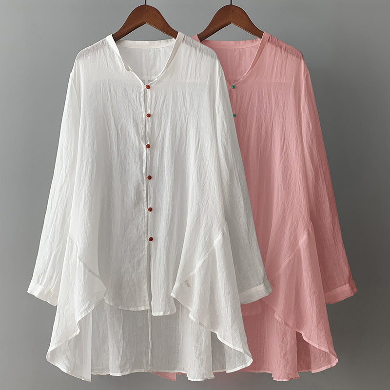 Breathable Linen Cardigan with Flowing Hem and Contrast Buttons for Autumn