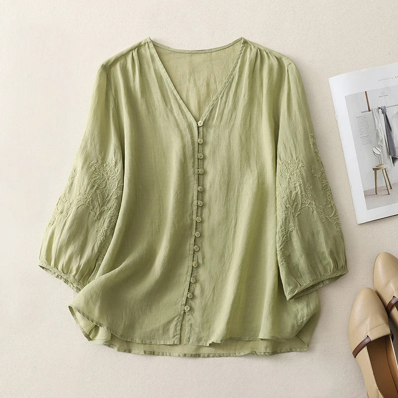Women's Linen Blouse with Breathable Fabric and Embroidered Sleeves