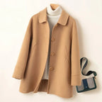 Mid-Length Wool Coat with Rounded Collar and Button Closure