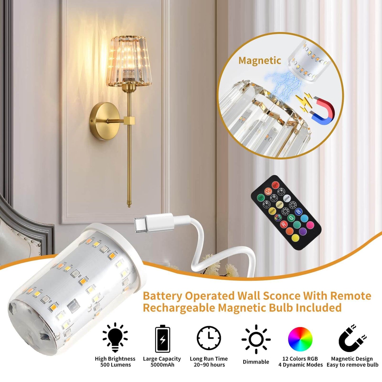 Crisma Wall Sconce | Wireless, USB Rechargeable, Dimmable RGB 3
