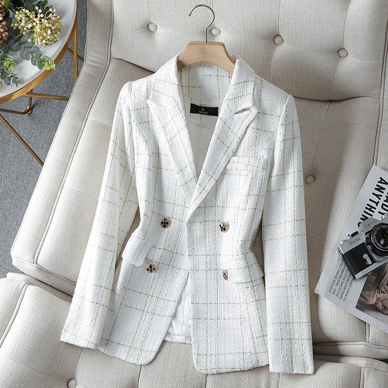 Women's Structured Cotton Blazer with Elegant Plaid Weave