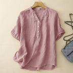 Lightweight Linen Blouse with Adjustable V-Neck and Rolled Sleeves
